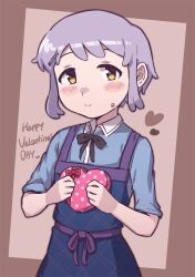 Rule 34 | 1girl, apron, blue apron, blue shirt, blush, box, brown background, burndle08, checkered apron, checkered clothes, chocolate, chocolate on face, commentary, flat chest, food, food on face, happy valentine, heart-shaped box, highres, holding, holding chocolate, holding food, idolmaster, idolmaster million live!, looking at viewer, makabe mizuki, polka dot, purple hair, shirt, short hair, short sleeves, sidelocks, smile, solo, symbol-only commentary, wing collar, yellow eyes
