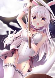 Rule 34 | 1girl, animal ears, breasts, cleavage, cloud, commentary request, cowboy shot, detached collar, dutch angle, fake animal ears, food, frilled thighhighs, frills, full moon, garter belt, garter straps, leotard, long hair, looking at viewer, mallet, medium breasts, mochi, mochitsuki, moon, mortar (bowl), night, open mouth, original, playboy bunny, rabbit, rabbit ears, rabbit tail, red eyes, shionorano, silver hair, solo, thighhighs, two side up, white garter straps, white leotard, white thighhighs, wrist cuffs