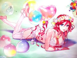 Rule 34 | 1girl, balloon, barefoot, bikini, blue eyes, breasts, choker, cleavage, collarbone, flower, full body, hair between eyes, hair flower, hair ornament, halterneck, head wreath, heart balloon, highres, jewelry, kaname buccaneer, looking at viewer, lying, macross, macross delta, medium breasts, necklace, on stomach, parted lips, pink flower, red hair, red lips, ribbon, shimatani azu, short hair, side-tie bikini bottom, smile, soles, solo, swimsuit, thighhighs, white background, white bikini, white flower, white ribbon, white thighhighs