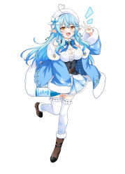 Rule 34 | 1girl, absurdres, ahoge, bare shoulders, beret, blue coat, blue flower, blue hair, blue neckwear, blush, braid, breasts, cleavage, cleavage cutout, clothing cutout, coat, commentary, elf, felutiahime, flower, full body, fur trim, hair between eyes, hair flower, hair ornament, hat, heart, heart ahoge, highres, hololive, large breasts, long hair, looking at viewer, open mouth, pointy ears, sidelocks, simple background, snowflake print, solo, thighhighs, v, virtual youtuber, white background, white flower, white hat, white thighhighs, yellow eyes, yukihana lamy, zettai ryouiki