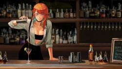 Rule 34 | 1girl, absurdres, alternate costume, barmaid, breasts, cleavage, counter, cup, drinking glass, earrings, feather earrings, feathers, highres, hololive, hololive english, iskaydi, jewelry, large breasts, looking at viewer, open clothes, open shirt, orange hair, pouring, purple eyes, smile, solo, takanashi kiara, virtual youtuber