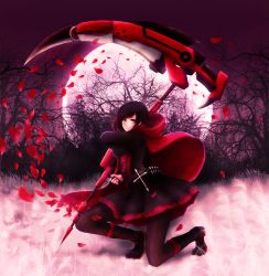 Rule 34 | 1girl, forest, highres, ixyomi, moon, nature, night, petals, rose petals, ruby rose, rwby, scythe, smile, snow, tree