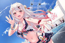 Rule 34 | 1girl, absurdres, bell, bikini, blue bikini, blue skirt, blue sky, bracelet, breasts, cleavage, commentary request, cowboy shot, day, double bun, dutch angle, gradient hair, hair bell, hair bun, hair ornament, hand up, highleg, highleg bikini, highres, hololive, hololive summer 2023 swimsuit, horns, jewelry, leeshin0919, long hair, looking at viewer, medium breasts, microskirt, multicolored hair, nakiri ayame, navel, open mouth, outdoors, pink eyes, pink hair, reaching, reaching towards viewer, red bikini, red hair, revision, skin-covered horns, skirt, sky, smile, solo, stage, stage lights, standing, streaked hair, striped bikini, striped clothes, swimsuit, teeth, virtual youtuber, white hair