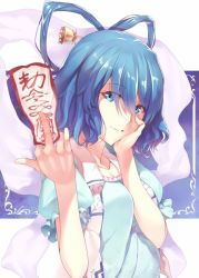 Rule 34 | 1girl, blue eyes, blue hair, blue shirt, breasts, from side, hagoromo, hair between eyes, hair ornament, hair rings, hair stick, hand on own cheek, hand on own face, kaiza (rider000), kaku seiga, looking at viewer, looking to the side, medium breasts, ofuda, open clothes, open vest, parted lips, puffy short sleeves, puffy sleeves, shawl, shirt, short sleeves, smile, solo, touhou, upper body, vest, white vest