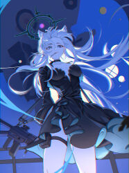 Rule 34 | 1girl, absurdres, animal ear fluff, animal ears, arms behind back, assault rifle, black choker, black dress, blue archive, blue eyes, breasts, choker, chromatic aberration, cigarette, commentary, cowboy shot, dress, english commentary, extra ears, floating hair, grin, gun, gun sling, hael, hair between eyes, halo, highres, long hair, long sleeves, looking at viewer, medium breasts, mouth hold, pouch, rifle, shiroko (blue archive), shiroko terror (blue archive), sig sauer, sig sauer 556, smile, solo, standing, thigh pouch, thigh strap, very long hair, weapon, white hair, wind, wolf ears