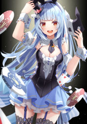 Rule 34 | 1girl, animal ears, bare shoulders, black dress, breasts, bridal garter, card, cleavage, divergenceok, don-chan (usada pekora), dress, fake animal ears, frilled dress, frilled wrist cuffs, frills, hair ornament, hat, highres, hololive, mask, medium breasts, mini hat, multicolored hair, necktie, official alternate costume, poker chip, rabbit-shaped pupils, short eyebrows, symbol-shaped pupils, thighhighs, usada pekora, usada pekora (furi furi bunny dress), virtual youtuber, wrist cuffs