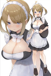 Rule 34 | 1girl, :d, absurdres, apron, blue eyes, blush, bow, bowtie, breasts, brown footwear, cleavage, closed mouth, commentary request, eyes visible through hair, full body, highres, large breasts, looking at viewer, maid, maid apron, maid headdress, masco, multiple views, open mouth, original, puffy short sleeves, puffy sleeves, shoes, short sleeves, short twintails, simple background, smile, socks, standing, sweatdrop, twintails, white background, white neckwear