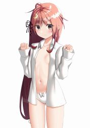Rule 34 | amano miyako, bow, bow panties, breasts, crescent, crescent hair ornament, gluteal fold, hair ornament, hair ribbon, kantai collection, long hair, low-tied long hair, messy hair, open clothes, open shirt, panties, pink eyes, pink hair, red eyes, ribbon, ribbon panties, shirt, small breasts, thighs, underwear, uzuki (kancolle), white background, white panties, white shirt