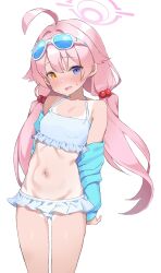 Rule 34 | 1girl, absurdres, ahoge, bad id, bad twitter id, bikini, blue archive, blue eyes, blush, breasts, eyewear on head, frilled bikini, frills, goyain, hair between eyes, hair bobbles, hair ornament, halo, heterochromia, highres, hoshino (blue archive), hoshino (swimsuit) (blue archive), jacket, long hair, looking at viewer, low twintails, midriff, navel, one-piece tan, open clothes, open jacket, open mouth, orange eyes, pink hair, simple background, small breasts, solo, sunglasses, sweat, swimsuit, tan, tanline, twintails, very long hair, white background, white bikini