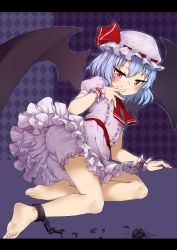 Rule 34 | 1girl, absurdres, barefoot, bat wings, bloomers, blue hair, blush, chain, closed mouth, commentary request, cuffs, dress, fang, fang out, feet, female focus, frilled dress, frills, hat, highres, letterboxed, looking at viewer, lying, mob cap, on side, pg (pege544), pink dress, presenting, purple background, red eyes, remilia scarlet, sexually suggestive, shackles, sitting, smile, soles, solo, toes, touhou, underwear, upskirt, wings, wrist cuffs, yokozuwari