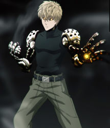 Rule 34 | 1boy, black background, blonde hair, cyborg, genos, highres, single mechanical arm, one-punch man