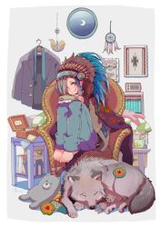 Rule 34 | 1other, absurdres, bad id, bad pixiv id, barefoot, belt, blue eyes, blue hair, brown hair, brown sweater, chair, clock, clothes hanger, colored shadow, crescent moon, denim, digital clock, drawing (object), dream catcher, earrings, feet on chair, flower-shaped pupils, hair over one eye, headdress, highres, jeans, jewelry, knees up, looking to the side, moon, multicolored hair, native american headdress, original, pants, shadow, short hair, sleeping animal, sleeves past wrists, sorata123, stuffed animal, stuffed rabbit, stuffed toy, stuffed wolf, sweater, symbol-shaped pupils, table, two-tone hair, window, wolf