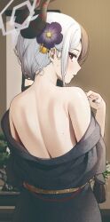 Rule 34 | 1girl, absurdres, back, back focus, bare back, bare shoulders, black kimono, black nails, blue archive, blush, closed mouth, collarbone, flower, from behind, grey hair, hair flower, hair ornament, halo, highres, horns, indoors, japanese clothes, kayoko (blue archive), kayoko (new year) (blue archive), kimono, looking at viewer, looking back, meettheton, mole, mole on back, mole on body, off shoulder, official alternate costume, red eyes, shoulder blades, simple background, solo, sweat, white hair, wide sleeves, yukata