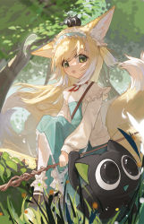 Rule 34 | 1girl, :o, absurdres, animal, animal ears, animal on head, arknights, black cat, blonde hair, blue dress, blue hairband, cat, cat on head, chino (user zdyd2447), day, dress, floating hair, forest, fox ears, fox girl, fox tail, frilled hairband, frills, grass, green eyes, hair down, hairband, highres, holding, holding staff, kitsune, long hair, long sleeves, looking at viewer, luo xiaohei, multicolored hair, multiple tails, nature, neck ribbon, official alternate costume, on head, open mouth, outdoors, red ribbon, ribbon, sitting, solo, staff, streaked hair, suzuran (arknights), suzuran (spring praise) (arknights), tail, luo xiaohei zhanji, tree, triangle mouth, white hair