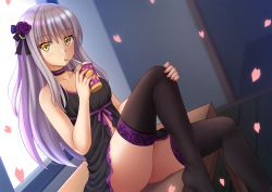 Rule 34 | 1girl, babydoll, bang dream!, bare arms, bare shoulders, bendy straw, black babydoll, black choker, blurry, blurry background, blush, brown eyes, brown hair, brown thighhighs, choker, closed mouth, collarbone, commentary, cup, day, depth of field, disposable cup, drinking straw, dutch angle, fingernails, flower, hair between eyes, hair flower, hair ornament, hand on own knee, highres, holding, holding cup, indoors, kazenokaze, knee up, long hair, looking at viewer, minato yukina, nail polish, no shoes, on table, petals, pink nails, purple flower, sitting, solo, striped, striped choker, sunlight, table, thighhighs, very long hair, window