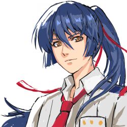 Rule 34 | 1boy, blue hair, brown eyes, collared shirt, floating hair, hair between eyes, hair ribbon, highres, macross, macross frontier, male focus, necktie, nekkikamille, ponytail, portrait, red necktie, red ribbon, ribbon, saotome alto, school uniform, shirt, simple background, smile, solo, white background