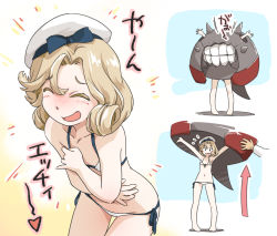 Rule 34 | 1girl, assisted exposure, bikini, blonde hair, blue eyes, closed eyes, commentary request, costume, covering privates, covering breasts, embarrassed, flat chest, hat, janus (kancolle), kantai collection, lowleg, lowleg bikini, multiple views, parted bangs, sailor hat, side-tie bikini bottom, swimsuit, tewarusa, translation request, white bikini, white headwear