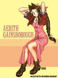 Rule 34 | 00s, 1girl, 2000s (style), aerith gainsborough, antenna hair, arms behind head, artist name, boots, braid, breasts, character name, choker, cropped jacket, curly hair, dress, english text, final fantasy, final fantasy vii, full body, green eyes, hair ribbon, hands in hair, jacket, jewelry, keith (keith&#039;s workshop), long hair, materia, medium breasts, necklace, parted bangs, pink dress, pink ribbon, puffy short sleeves, puffy sleeves, red jacket, ribbon, short sleeves, sidelocks, sitting, solo, square enix, unbuttoned dress, yellow background