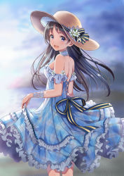 Rule 34 | 1girl, :d, bare shoulders, black bow, black hair, blue dress, blue ribbon, blue sky, blurry, blurry background, blush, bow, cloud, cloudy sky, commentary request, day, depth of field, dress, flower, hat, hat bow, hat flower, highres, long hair, looking at viewer, looking to the side, open mouth, original, outdoors, plaid, plaid dress, purple eyes, ribbon, sky, sleeveless, sleeveless dress, smile, solo, sparkle, striped bow, striped ribbon, sun hat, very long hair, white flower, yatomi
