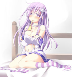 Rule 34 | 10s, 1girl, bad feet, bare shoulders, bed, biting, blush, breasts, choker, choujigen game neptune mk2, cleavage, collarbone, colored eyelashes, covering breasts, covering privates, crossed arms, d-pad, female focus, hair ornament, long hair, minagi, mouth hold, navel, nepgear, neptune (series), on bed, purple eyes, purple hair, single sock, sitting, socks, solo, striped clothes, striped socks, tears, unbuttoned, undressing, uranaishi (miraura), very long hair, wariza