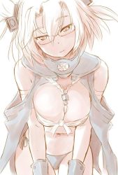 Rule 34 | 1girl, bandages, bare shoulders, between breasts, blush, breasts, budget sarashi, dark-skinned female, dark skin, glasses, gloves, grey panties, hair between eyes, head tilt, headgear, kantai collection, large breasts, leaning forward, looking at viewer, musashi (kancolle), musashi kai (kancolle), navel, panties, sarashi, short hair, simple background, solo, two side up, underwear, wa (genryusui), white background, white hair