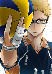 Rule 34 | 1boy, ball, bandaged hand, bandages, blonde hair, blue-framed eyewear, clothes writing, colored eyelashes, commentary request, fingernails, foreshortening, glasses, haikyuu!!, hand up, holding, holding ball, looking at viewer, male focus, playing sports, serious, simple background, sportswear, sweat, tsukishima kei, upper body, volleyball, volleyball (object), volleyball uniform, white background, wing collar, yellow eyes