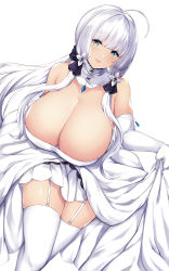 Rule 34 | 1girl, absurdres, arashiki mamizu, azur lane, bare shoulders, blue eyes, breasts, cleavage, commentary request, dress, elbow gloves, garter straps, gloves, highres, huge breasts, illustrious (azur lane), long hair, looking at viewer, mole, mole under eye, parted lips, simple background, smile, solo, thighhighs, thighs, white background, white dress, white gloves, white hair, white thighhighs