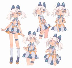 Rule 34 | 1girl, :o, ahoge, animal ears, arm at side, arm behind back, ass, bare arms, black bow, black panties, blue eyes, bow, bowtie, clenched hand, closed mouth, cowboy shot, cropped legs, cropped torso, d:, daizu (melon-lemon), dress, embarrassed, expressionless, from side, hair bow, hair ornament, highres, index finger raised, jitome, looking at viewer, looking away, looking back, medium hair, multiple views, muted color, nervous, no nose, one eye closed, open mouth, orange bow, original, outstretched arm, panties, parted lips, shoes, sidelocks, simple background, socks, standing, sweat, thigh strap, twintails, underwear, wavy mouth, white background, white hair, white legwear