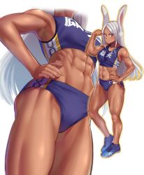 Rule 34 | 1girl, abs, absurdres, animal ears, armpits, biceps, boku no hero academia, breasts, buruma, contrapposto, crescent print, dark-skinned female, dark skin, full body, hand on own hip, highres, long eyelashes, long hair, mirko, muscular, muscular female, navel, rabbit ears, rabbit girl, red eyes, shoes, simple background, smile, sneakers, solo, sports bikini, standing, stomach, tan, thick thighs, thighs, toin (iitoin), toned, track uniform, very long hair, white background, white hair, zooming in