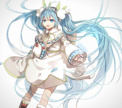 Rule 34 | 1girl, blue eyes, blue hair, capelet, floating hair, flower, fre (haochilanzuo), hatsune miku, headset, lily of the valley, long hair, matching hair/eyes, snowflake print, solo, twintails, very long hair, vocaloid, yuki miku