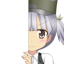 Rule 34 | 10s, 1girl, black eyes, hair ribbon, hat, kantai collection, looking at viewer, nagineko, ooshio (kancolle), peeking out, ribbon, school uniform, silver hair, smile, solo, suspenders, transparent background