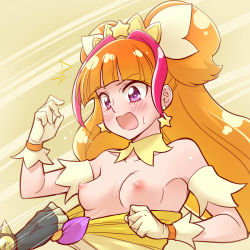 Rule 34 | 1girl, amanogawa kirara, assisted exposure, bare shoulders, black gloves, blush, breasts, choker, cure twinkle, earrings, fingerless gloves, gloves, go! princess precure, jewelry, long hair, magical girl, nipples, ogry ching, open mouth, orange hair, precure, purple eyes, small breasts, solo focus, star (symbol), star earrings, twintails, white gloves