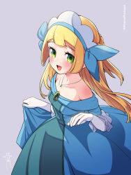 Rule 34 | 1girl, :d, blonde hair, blue dress, blunt bangs, blush, collarbone, commentary request, cosplay, creatures (company), dress, eyelashes, game freak, gloves, green eyes, grey background, highres, jewelry, kinocopro, lillie (pokemon), long hair, miette (pokemon) (cosplay), necklace, nintendo, off-shoulder dress, off shoulder, open mouth, pokemon, pokemon (anime), pokemon sm (anime), pokemon xy (anime), simple background, smile, solo, tongue, twitter username, watermark, white gloves