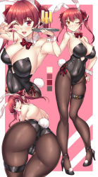 Rule 34 | 1girl, alternate costume, animal ears, armpits, ass, back, backless leotard, bare shoulders, black footwear, bow, bowtie, breasts, brown pantyhose, cleavage, detached collar, fake animal ears, fake tail, hair ribbon, hairband, heterochromia, high heels, highres, hololive, houshou marine, large breasts, leotard, long hair, looking at viewer, looking back, multiple views, one eye closed, pantyhose, playboy bunny, rabbit ears, rabbit tail, red eyes, red hair, red neckwear, red ribbon, ribbon, shirokuma a, shoes, smile, standing, tail, thigh gap, thigh strap, twintails, v over eye, virtual youtuber, white hairband, wrist cuffs, yellow eyes