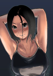 Rule 34 | 1girl, armpits, arms behind head, black hair, blush, breasts, competition school swimsuit, competition swimsuit, grey eyes, large breasts, one-piece swimsuit, original, parted bangs, sashizume soutarou, school swimsuit, solo, swimsuit, trembling, wet