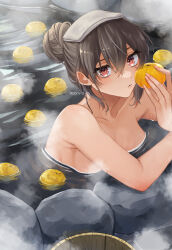 Rule 34 | 1girl, bathing, breasts, bucket, food, fruit, hair bun, hair up, highres, holding, holding food, holding fruit, kantai collection, large breasts, looking at viewer, machi (ritovoyage), nagato (kancolle), nude, onsen, orange (fruit), parted lips, partially submerged, red eyes, rock, single hair bun, solo, steam, towel, towel on head, twitter username, water, wet, wet hair, wooden bucket