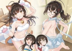 Rule 34 | &quot;rouhou&quot; ore no iinazuke ni natta jimiko ie dewa kawaii shikanai., 1girl, ahoge, animal ears, animal hands, animal print, arms up, back, backless outfit, bandeau, bare arms, bare shoulders, barefoot, bell, black-framed eyewear, black hair, blush, breasts, brown eyes, brown hair, cat ears, cat girl, cat print, cat tail, collar, collarbone, cowboy shot, door, dual persona, fake animal ears, fake tail, flower, from behind, glasses, gloves, hair ornament, hairclip, hand on own hip, head tilt, holding hands, indoors, interlocked fingers, leg up, long hair, looking at another, looking at viewer, looking back, medium breasts, meme attire, micro shorts, midriff, mouth hold, navel, neck bell, no bra, novel illustration, official art, open mouth, paw gloves, picture frame, ponytail, semi-rimless eyewear, shaft look, short shorts, shorts, shoulder blades, sideboob, sidelocks, smile, soles, solo, standing, standing on one leg, stomach, strapless, sunflower, tail, tan (tangent), textless version, thighs, tile floor, tiles, toes, tube top, under-rim eyewear, underwear, underwear only, v-shaped eyebrows, vase, virgin killer sweater, watanae yuuka, white shorts, wooden floor