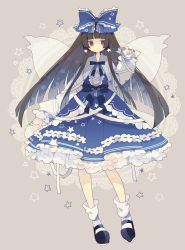 Rule 34 | 1girl, black eyes, black footwear, black hair, blue bow, blue dress, bow, closed mouth, dress, earrings, fairy wings, frilled bow, frills, full body, grey background, hair bow, highres, hime cut, jewelry, long hair, long sleeves, looking at viewer, nikorashi-ka, ribbon-trimmed dress, simple background, solo, standing, star (symbol), star earrings, star sapphire, touhou, very long hair, white legwear, wings