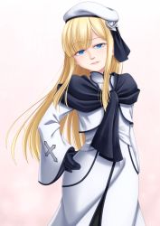 Rule 34 | 1girl, beret, black gloves, black pantyhose, black scarf, blonde hair, blue eyes, blush, breasts, cropped jacket, dress, fate/grand order, fate (series), gloves, grey rose, hand on own hip, hat, highres, jacket, long hair, long sleeves, looking at viewer, lord el-melloi ii case files, pantyhose, parted bangs, parted lips, reines el-melloi archisorte, scarf, sidelocks, small breasts, smile, swept bangs, takanashi tsukasa, thighs, tilted headwear, white dress, white hat, white jacket