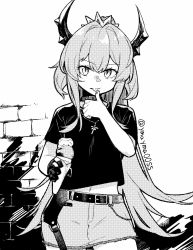 Rule 34 | 1girl, arknights, belt, collar, commentary request, crown, demon horns, food, gloves, greyscale, hair between eyes, hair intakes, halftone, highres, holding, holding food, horns, ice cream, ice cream cone, jewelry, licking lips, long hair, looking at viewer, midriff, mini crown, monochrome, navel, necklace, official alternate costume, shirt, short sleeves, shorts, sidelocks, single glove, slit pupils, solo, straight-on, surtr (arknights), surtr (liberte echec) (arknights), tongue, tongue out, v-shaped eyebrows, yom (ymayma00ss)