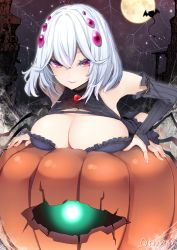 Rule 34 | 1girl, bat (animal), breasts, cleavage, elbow gloves, fingerless gloves, full moon, gloves, hair ornament, halloween, highres, large breasts, looking at viewer, moon, night, original, outdoors, pink eyes, pumpkin, silk, smile, solo, spider web, tousen, twitter username, white hair