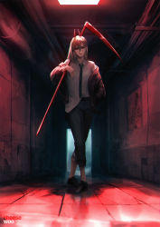 Rule 34 | 1girl, artist name, blonde hair, chainsaw man, cheesewoo, closed mouth, collared shirt, crossed legs, demon horns, full body, hair between eyes, hallway, hand in pocket, hemokinesis, highres, holding, holding scythe, horns, jacket, long hair, necktie, off shoulder, over shoulder, pants, pants rolled up, power (chainsaw man), red theme, scythe, shirt, solo, watson cross, weapon, weapon over shoulder, white shirt