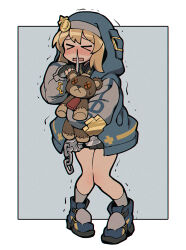 Rule 34 | &gt; &lt;, 1boy, androgyne symbol, black gloves, black skirt, blonde hair, blush, bridget (guilty gear), commentary, cuffs, fingerless gloves, gloves, guilty gear, guilty gear strive, habit, handcuffs, highres, holding, holding stuffed toy, hood, hood up, hooded jacket, itsuka neru, jacket, long sleeves, male focus, open clothes, open mouth, pleated skirt, rectangular mouth, roger (guilty gear), runny nose, short hair, skirt, snot, solo, stuffed animal, stuffed toy, teddy bear, trap, trembling