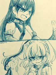 Rule 34 | 2girls, 2koma, anchor, angry, bare shoulders, blush, breast pocket, breasts, comic, crying, crying with eyes open, elbow gloves, fingerless gloves, frown, gloves, hair between eyes, hair ornament, halterneck, holding another&#039;s wrist, kantai collection, long hair, machinery, monochrome, multiple girls, nagato (kancolle), nami nami (belphegor-5812), neckerchief, no headgear, pocket, saratoga (kancolle), short sleeves, side ponytail, sidelocks, smokestack, sweatdrop, tears, teeth, traditional media, twitter username