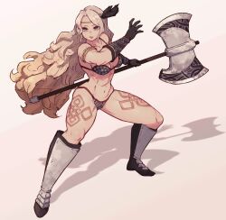 Rule 34 | 1girl, amazon (dragon&#039;s crown), axe, bikini, black gloves, boots, commentary request, dragon&#039;s crown, full body, gloves, headband, holding, holding axe, holding weapon, lamb-oic029, leg tattoo, long hair, muscular, navel, solo, swimsuit, tattoo, weapon