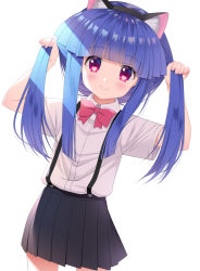 Rule 34 | 1girl, animal ear fluff, animal ears, black hairband, black skirt, blue hair, blunt bangs, blush, bow, bowtie, bunching hair, cat ears, commentary request, cowboy shot, fake animal ears, furude rika, gaou (babel), hairband, heart, heart in eye, higurashi no naku koro ni, leaning to the side, long hair, looking at viewer, pink bow, pink bowtie, pleated skirt, purple eyes, shirt, short sleeves, simple background, skirt, solo, suspender skirt, suspenders, symbol in eye, twintails, white background, white shirt