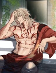 1boy abs earrings gold_earrings highres honkai:_star_rail honkai_(series) jewelry male_focus muscular muscular_male mydei_(honkai:_star_rail) solo_focus tattoo veins water yukaero4