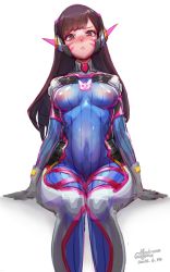 Rule 34 | 1girl, blush, bodysuit, breasts, brown eyes, brown hair, covered erect nipples, covered navel, d.va (overwatch), dated, facial mark, gorgeous mushroom, highres, long hair, matching hair/eyes, medium breasts, overwatch, overwatch 1, signature, sitting, skin tight, solo
