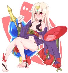 Rule 34 | 1girl, alcohol, barefoot sandals (jewelry), blonde hair, blush, breasts, chawan (yultutari), closed mouth, commentary request, cosplay, cup, fate/grand order, fate/kaleid liner prisma illya, fate (series), feet, gourd, hair between eyes, hands up, headpiece, highres, holding, illyasviel von einzbern, japanese clothes, kimono, legs, long hair, long sleeves, looking at viewer, navel, obi, off shoulder, open clothes, open kimono, purple kimono, red eyes, revealing clothes, sakazuki, sake, sash, short kimono, shuten douji (fate), shuten douji (fate) (cosplay), small breasts, smile, soles, solo, very long hair, wavy mouth, wide sleeves