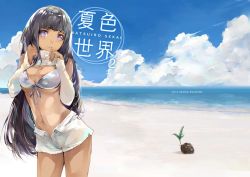 Rule 34 | 1girl, arm warmers, beach, black hair, blunt bangs, breasts, cleavage, clothes lift, coconut, contrapposto, day, front-tie top, fujishima, fujishima (raving phantom), leaning forward, long hair, looking at viewer, medium breasts, midriff, navel, ocean, one-piece tan, original, outdoors, parted lips, purple eyes, shirt lift, short shorts, shorts, solo, standing, tan, tanline